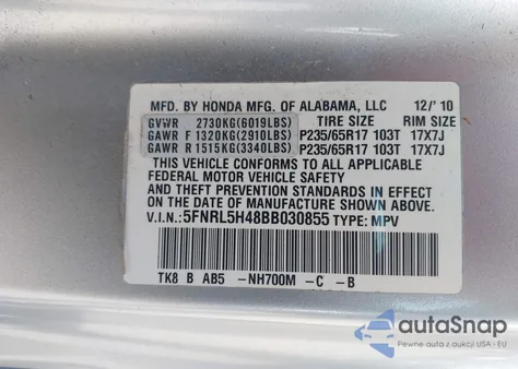 2011 Honda Odyssey Ex z USA, uszkodzony, nr VIN 5FNRL5H48BB030855